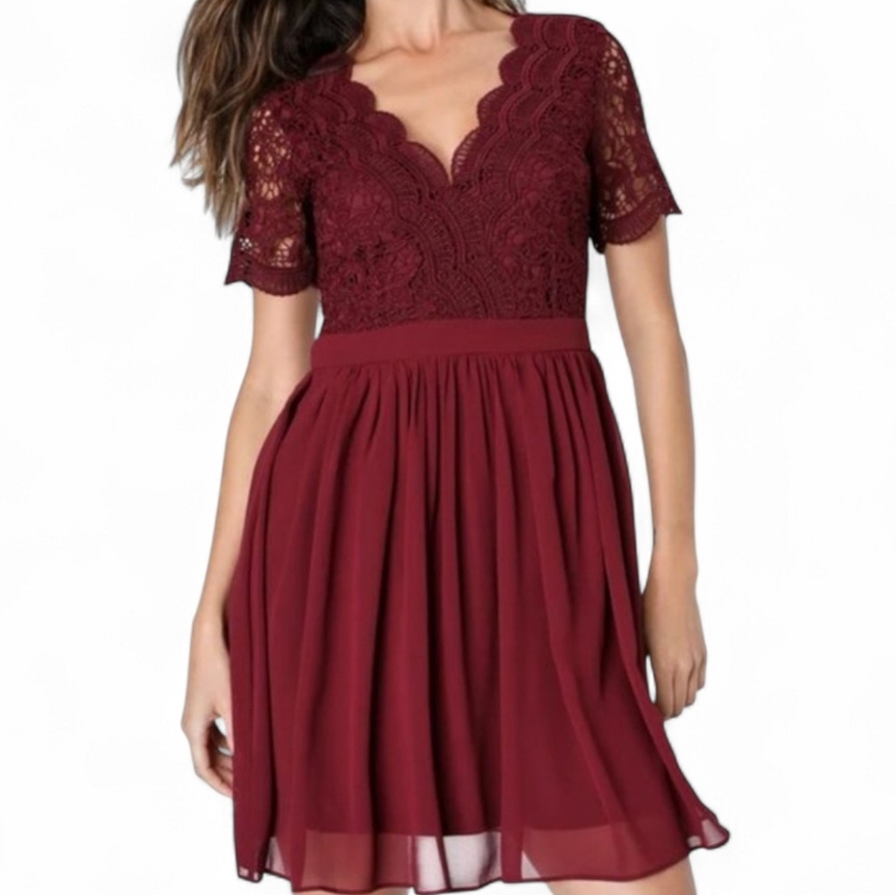 LULUS Burgundy Angel in Disguise Lace Skater Cocktail Party Dress Size Large